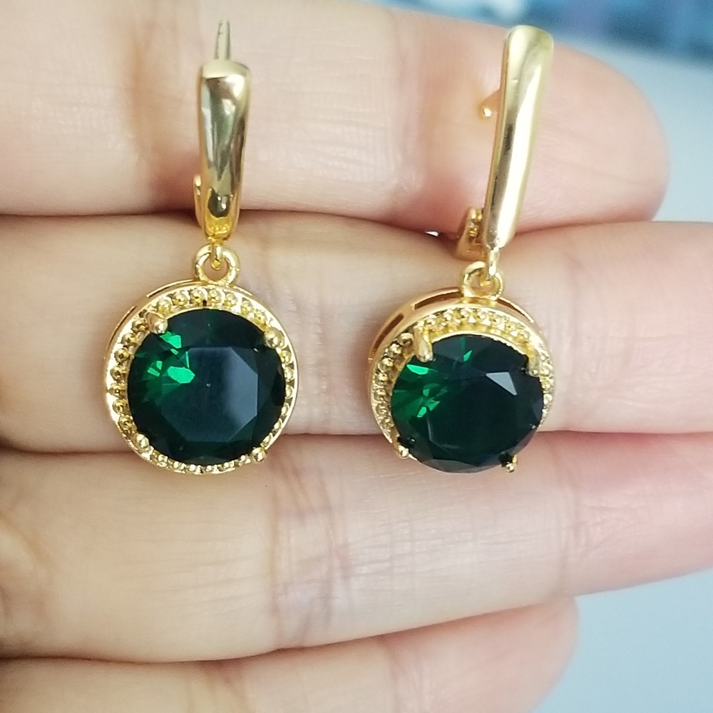 New 18K Gold Plated Round Cut Emerald Dangle Drop Hoop Earrings for Women - Picture 1 of 8